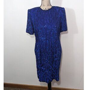 NWT STENAY Blue 100% Silk Sequined Formal Holiday Evening Dress Classy 16
